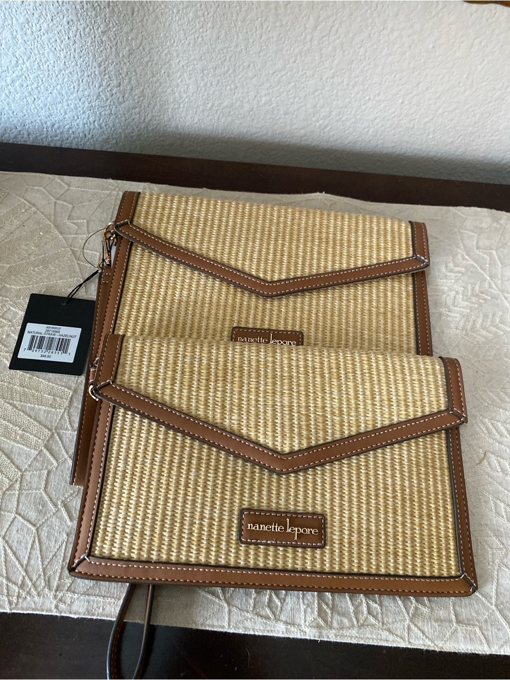 Nanette Lepore Tan Woven Envelope Wristlet Clutch with Brown Trim